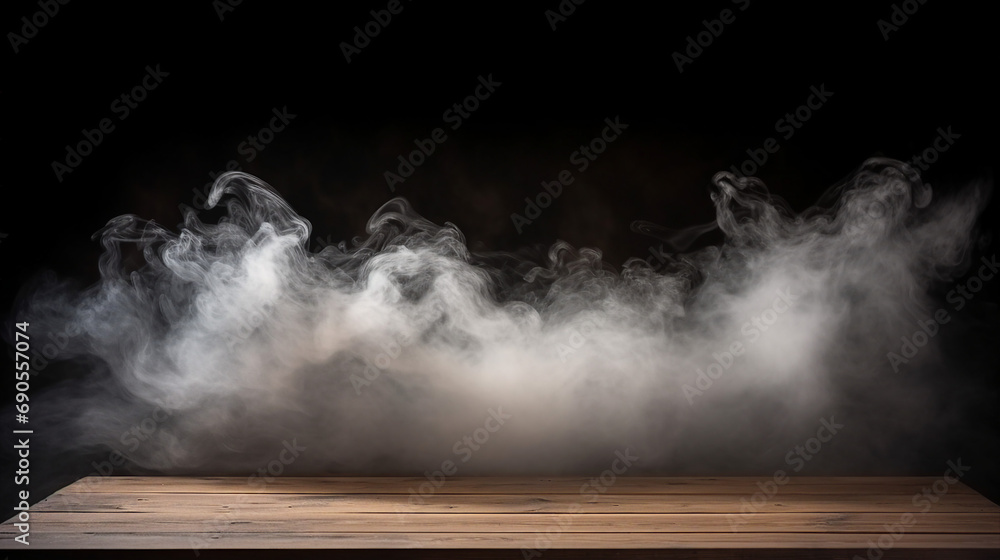 Ethereal Smoke on Dark Background: Atmospheric Still Life with an Empty Wooden Table - Moody and Mysterious Concept for Artistic Visuals and Creative Designs in Rustic Simplicity.