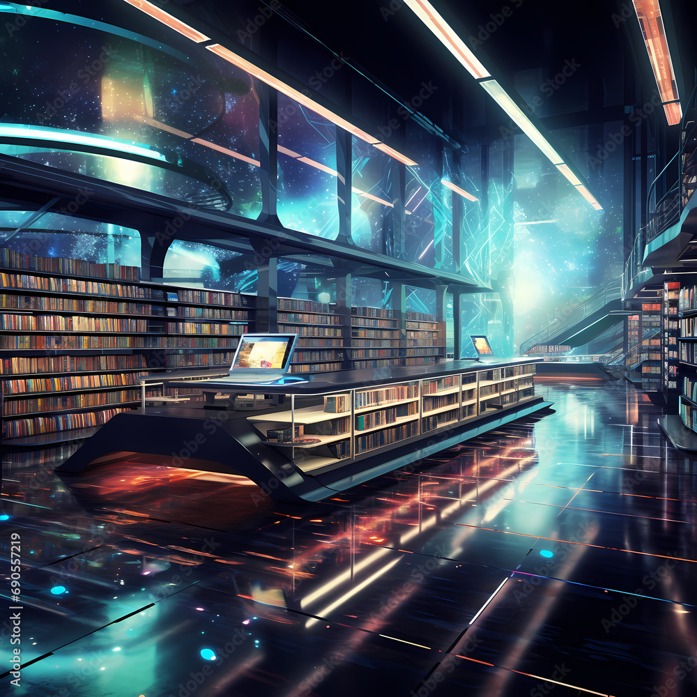 A futuristic library with holographic books