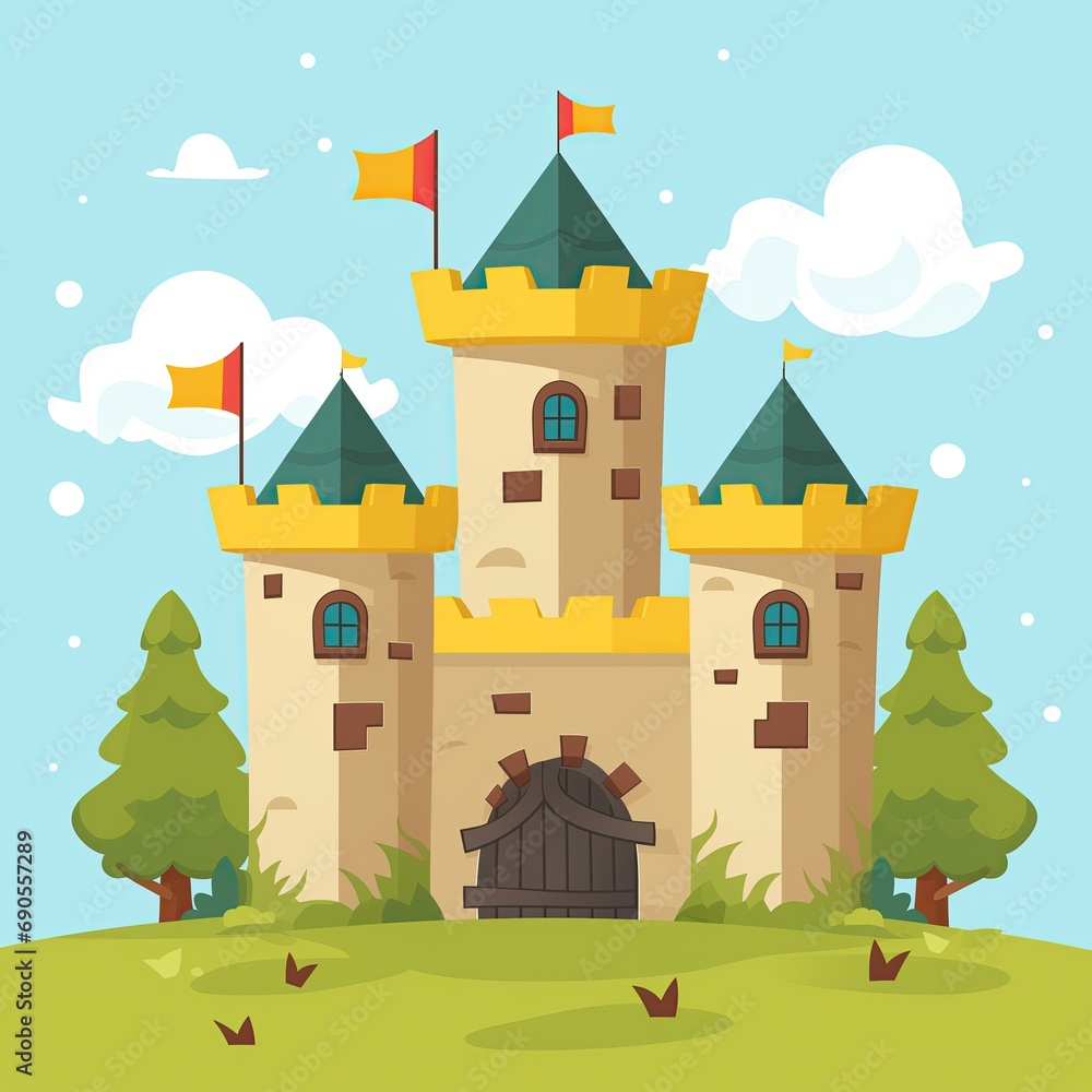 Cartoon castle and towers. Flat illustration of a fortress in the kingdom. A fairytale castle. Rook tower. Realm. Game art. Flags. Game design. Princess castle. Cartoonish fortress. Fairytale citadel