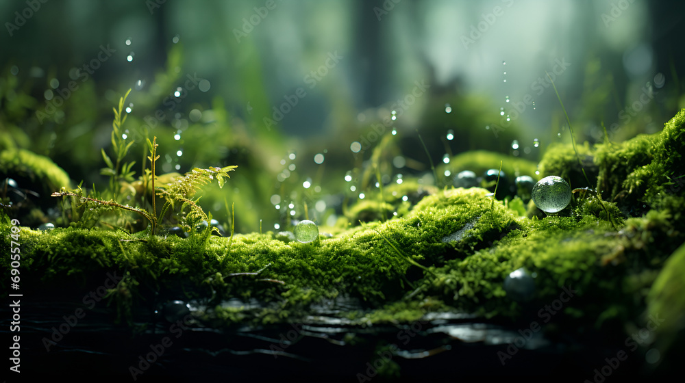 Water Droplets on a Mossy Surface Glimmering in the Light Water Droplets on a Mossy Surface Glimmering in the Light