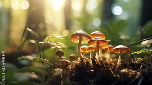  hallucinogenic mushrooms close-up against a forest background