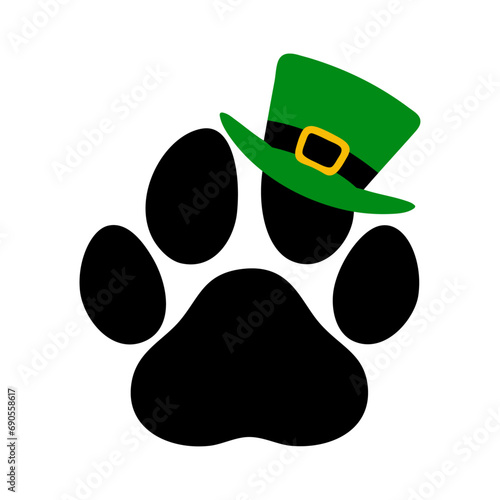 Día de San Patricio. Logo pet friendly. Silueta de zarpa de perro o gato con sombrero verde de leprechaun para su uso en felicitaciones y tarjetas