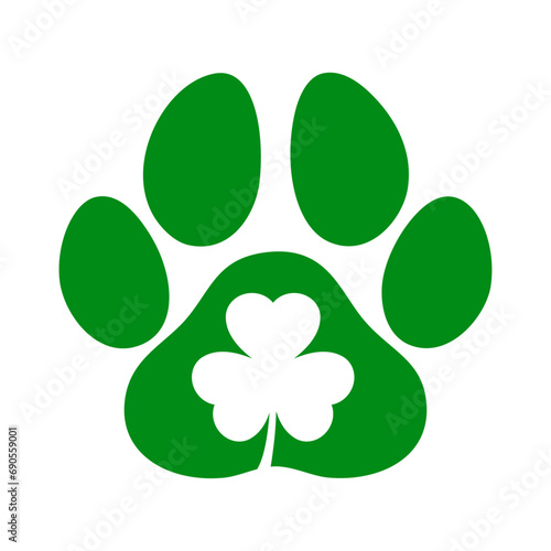 Día de San Patricio. Logo pet friendly. Silueta de zarpa de perro o gato con trébol de 3 hojas en espacio negativo para su uso en tarjetas y felicitaciones
