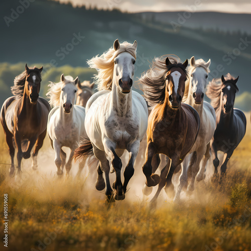 A group of horses running through a meadow.