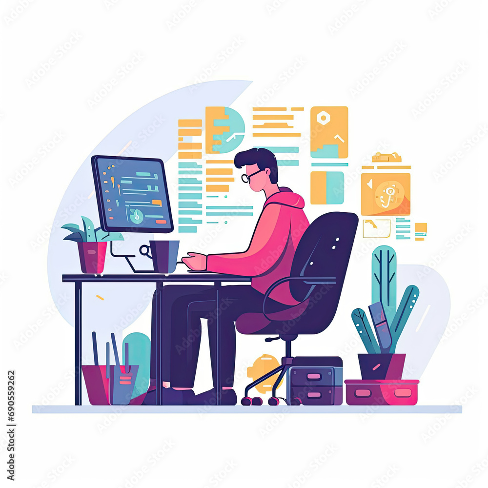 Fototapeta premium computer coding concept Flat vector illustration daily activities working AI Generated
