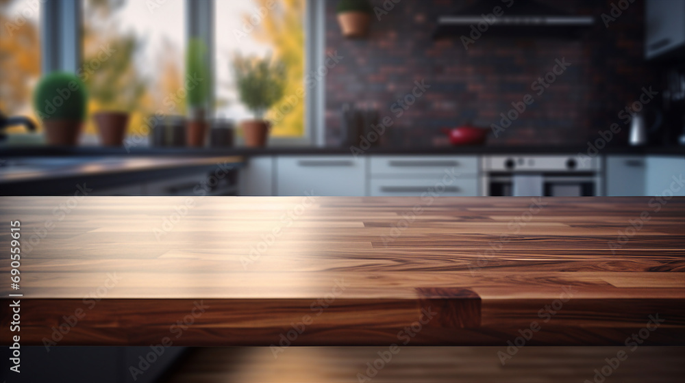 Modern Kitchen Table Top Design: Stylish Blurred Background for Product Display and Culinary Preparation - Contemporary Interior Showcase with Clean and Empty Space.