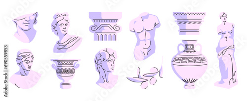 Ancient greek line elements. Doodle ancient roman line stickers, statues and sculptures with vases and antique architectural decorative elements. Vector isolated collection. Artwork and monuments