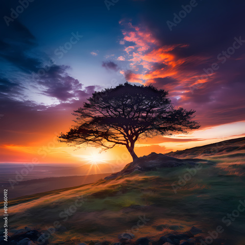A lone tree on a hill with a vibrant sunset