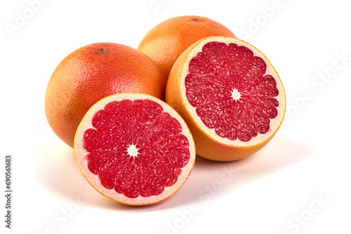 Pink ripe grapefruit with slice, isolated on white background.