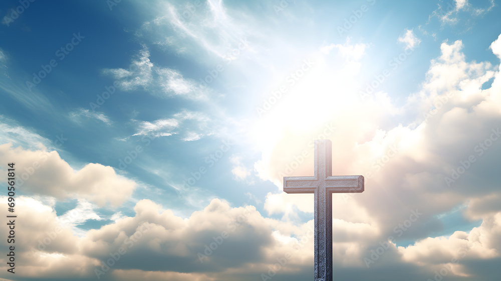 A cross under the dark sky, Cross formed by sunlight breaking through clouds, Holy cross background, blurred background, with copy space, Cross on a sky background with copy space, Generative AI