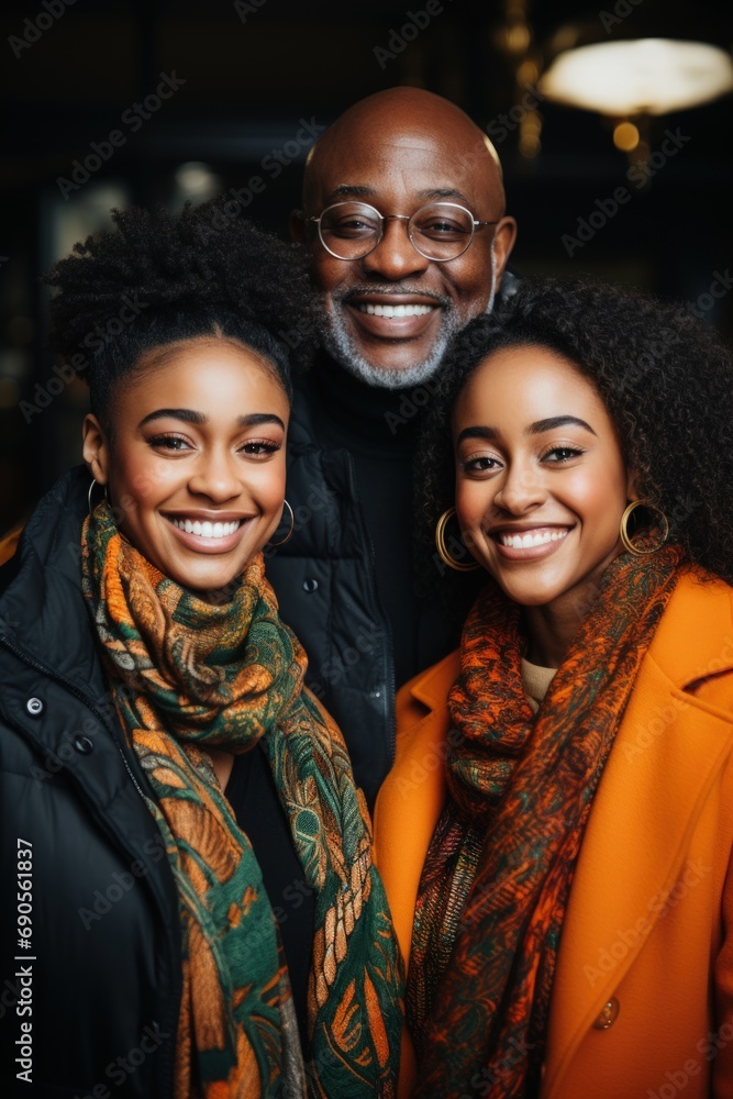 Happy Father with Daughters in Coordinated Outfits Happy Father with Daughters in Coordinated Outfits