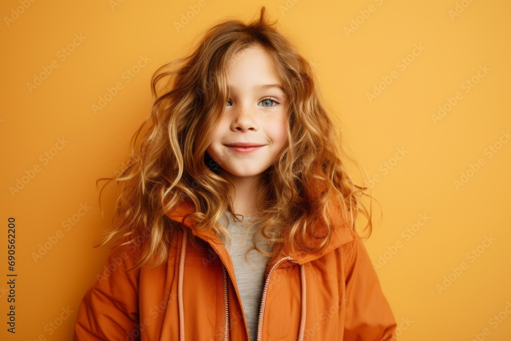 Portrait of a cute little girl in an orange jacket on a yellow background Portrait of a cute little girl in an orange jacket on a yellow background