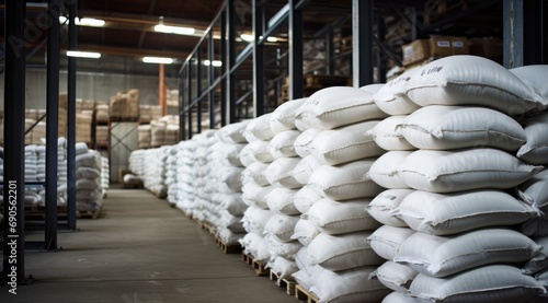 Rows of big white sacks at large warehouse in modern factory.