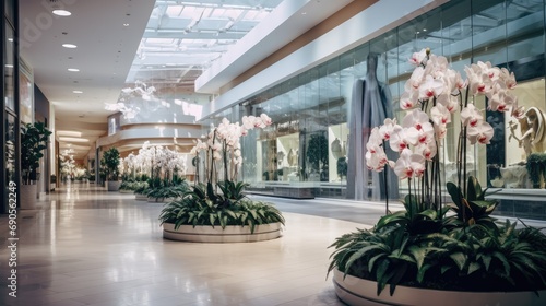 Shopping center decorated with flowers orchids. photo