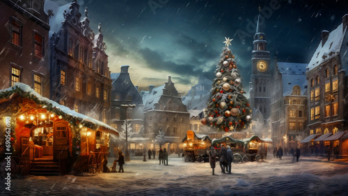 Christmas market square, Traditional Christmas market in Germany watercolor illustration background. Weihnachtsmarkt.
