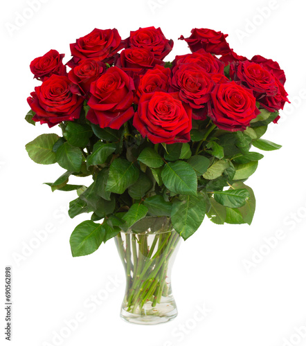 bouquet of blossoming dark  red roses in vase
