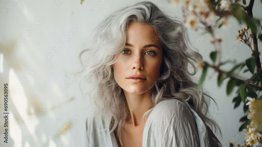 Captivating woman with silver curls and serene blue eyes.