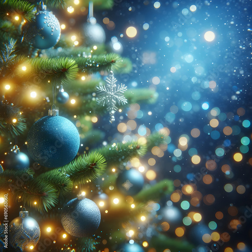 Christmas Tree With Ornaments In Blue And Bokeh Lights - Real Fir Branches With Glittering In Abstract Defocused Background - This Image Contain 3d Rendering Elements 