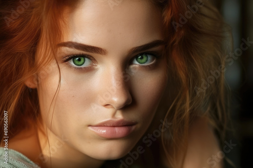 Close-up portrait of a young woman with captivating green eyes, accentuated by her vibrant auburn hair. Ideal for beauty, cosmetics, and fashion themes focusing on natural allure and intensity.