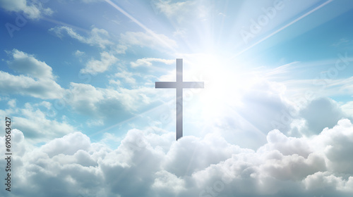 holy cross in sun shining through the clouds, Christian cross above the cloud in haven, religion christian cross on a cloudy sky,silhouette christian cross looking out a blanket of cloud,Generative AI
