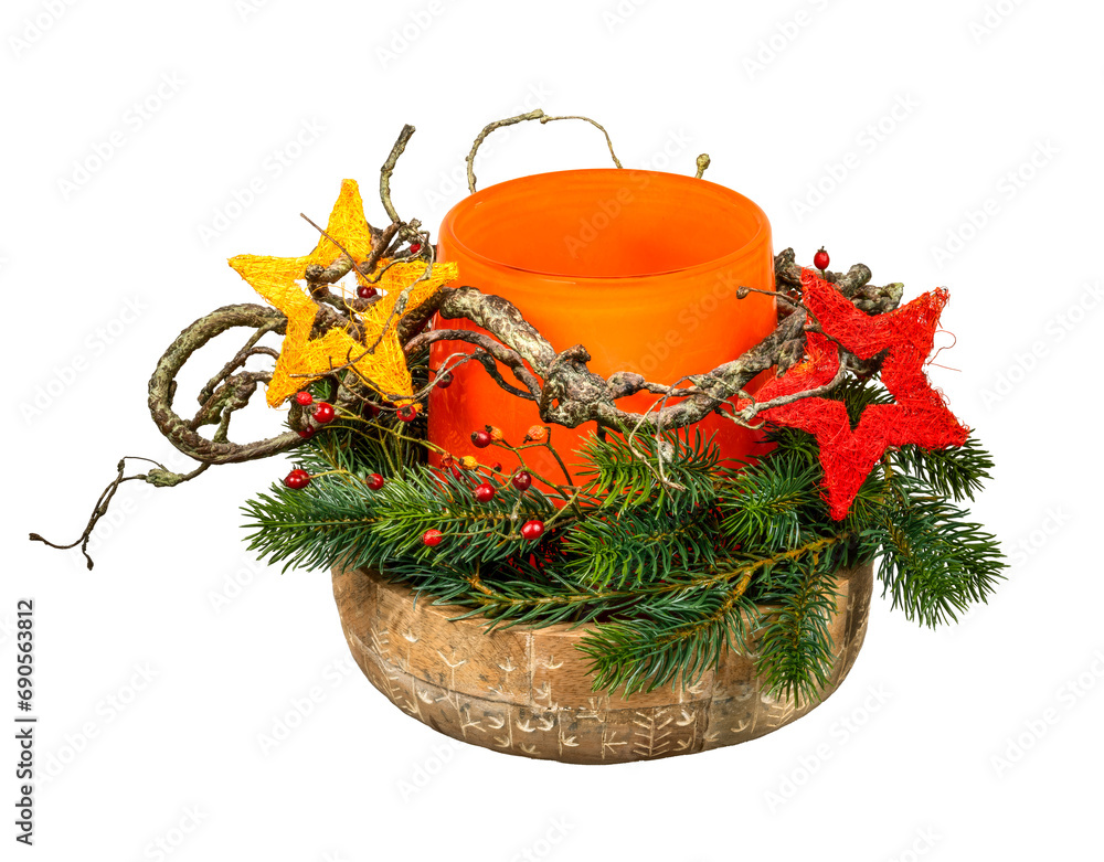 Isolated orange vase with christmas deco