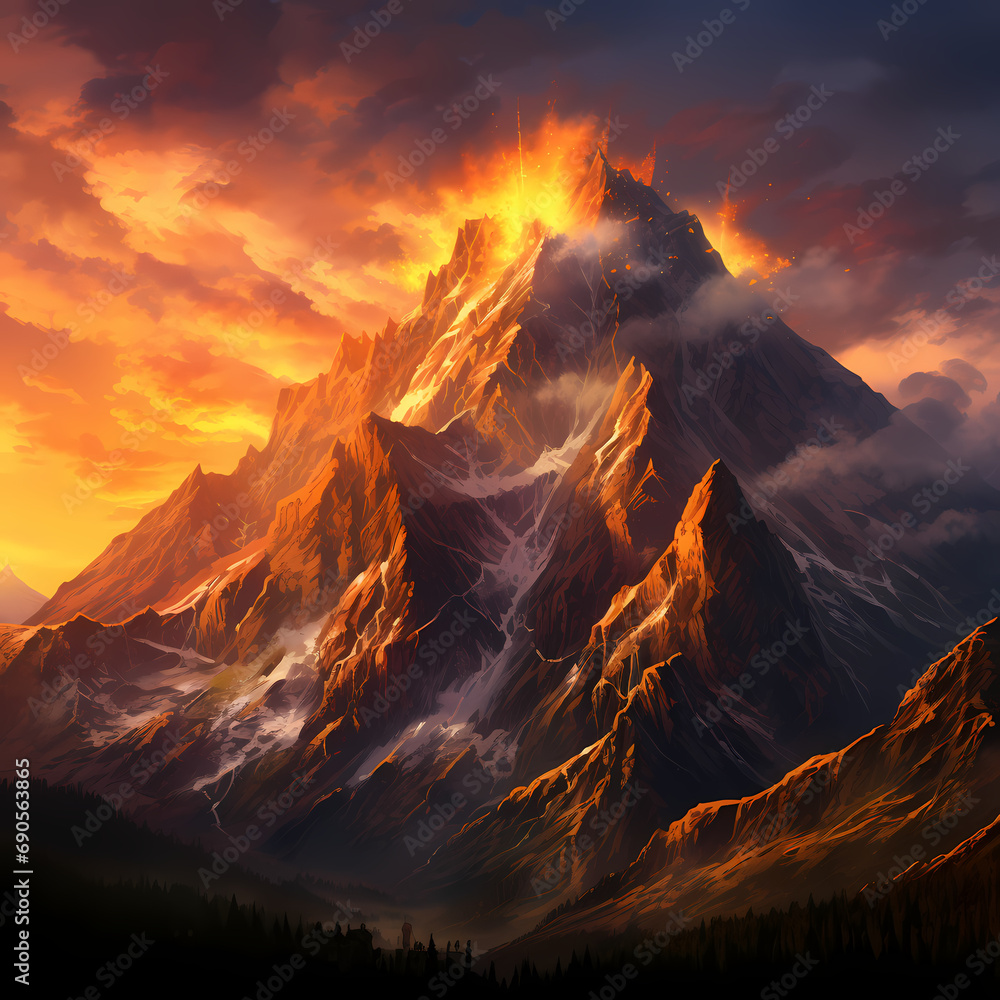 A rocky mountain peak against a fiery sunset.