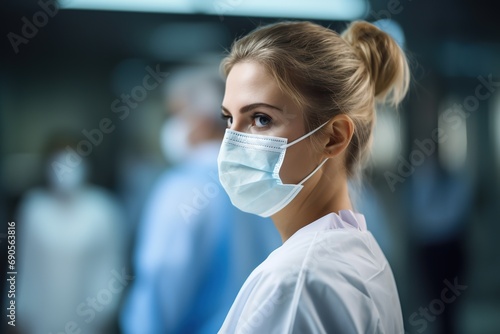 Side portrait of a beautiful blonde nurse wearing medical mask with her hair updo and out of focus background. Medical staff concept photo