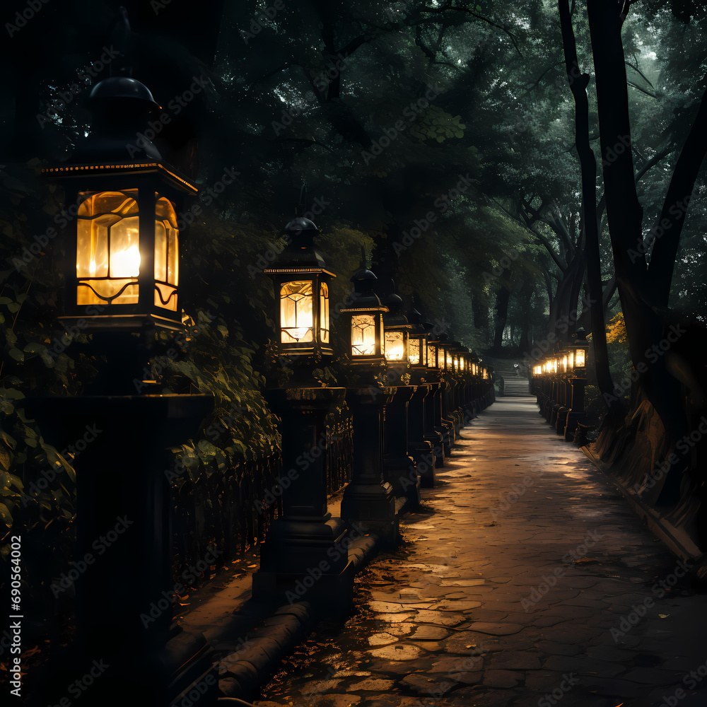 A row of lanterns lighting up a dark pathway.