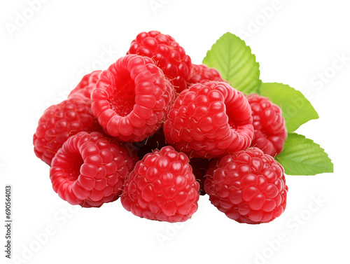 A white-background photo featuring a perfect cluster of ripe raspberries.