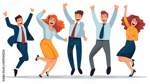 Happy smiling people jumping at work winning party Flat vector illustration daily activities working AI Generated