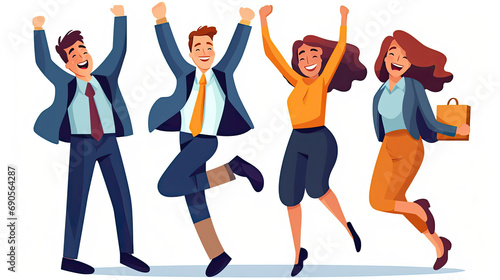 Happy smiling people jumping at work winning party Flat vector illustration daily activities working AI Generated