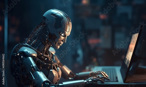 a robot sitting in front of a computer, Generative AI 