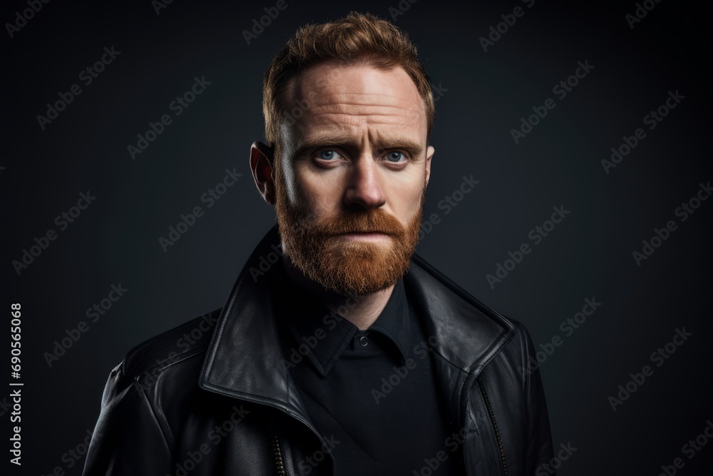Portrait of a red-bearded man in a leather jacket.