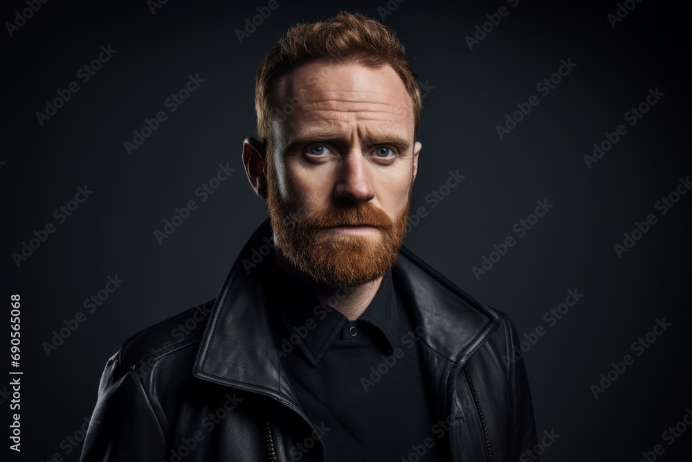 Portrait of a red-bearded man in a leather jacket. Portrait of a red-bearded man in a leather jacket.