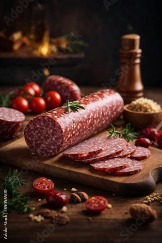 A Rustic Wooden Cutting Board with a Variety of Sliced Salami