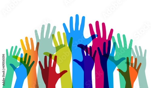 Outstretched, growing hands. The multicultural concept of the community team. Vector illustration.
