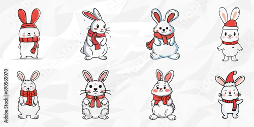 Winterliche Schneehasen: Lineart Vektorgrafik-Bundle von Schneehasen mit rotem Schal