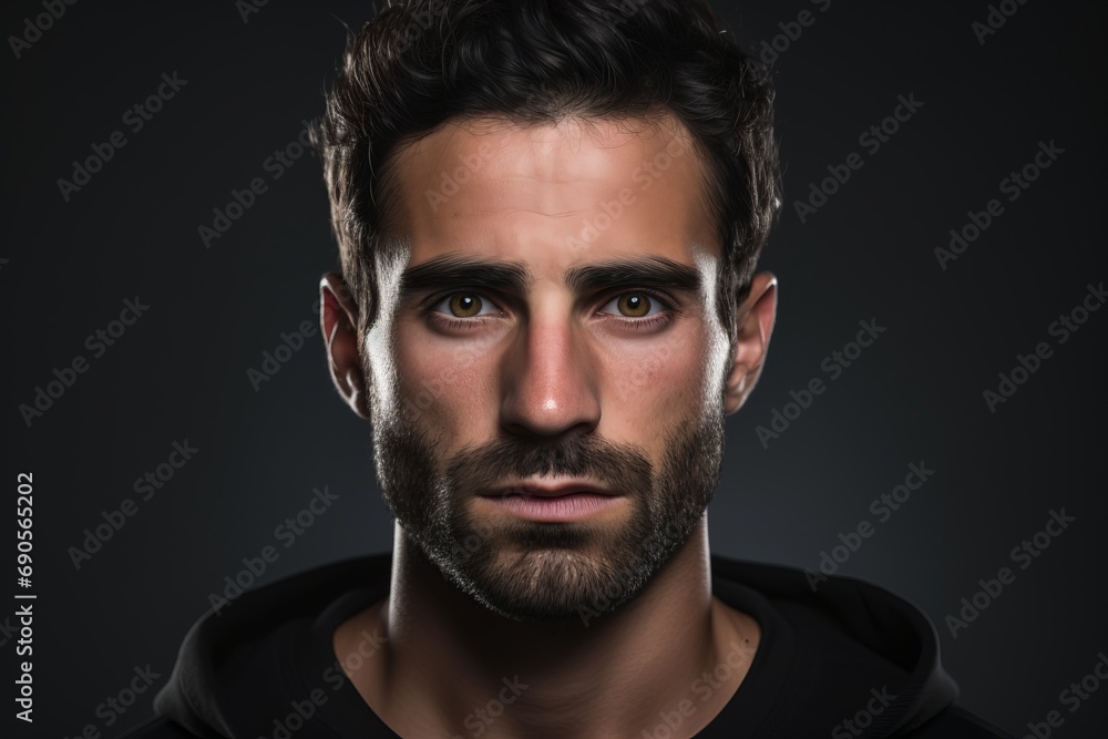 Portrait of a handsome young man with a beard on a dark background