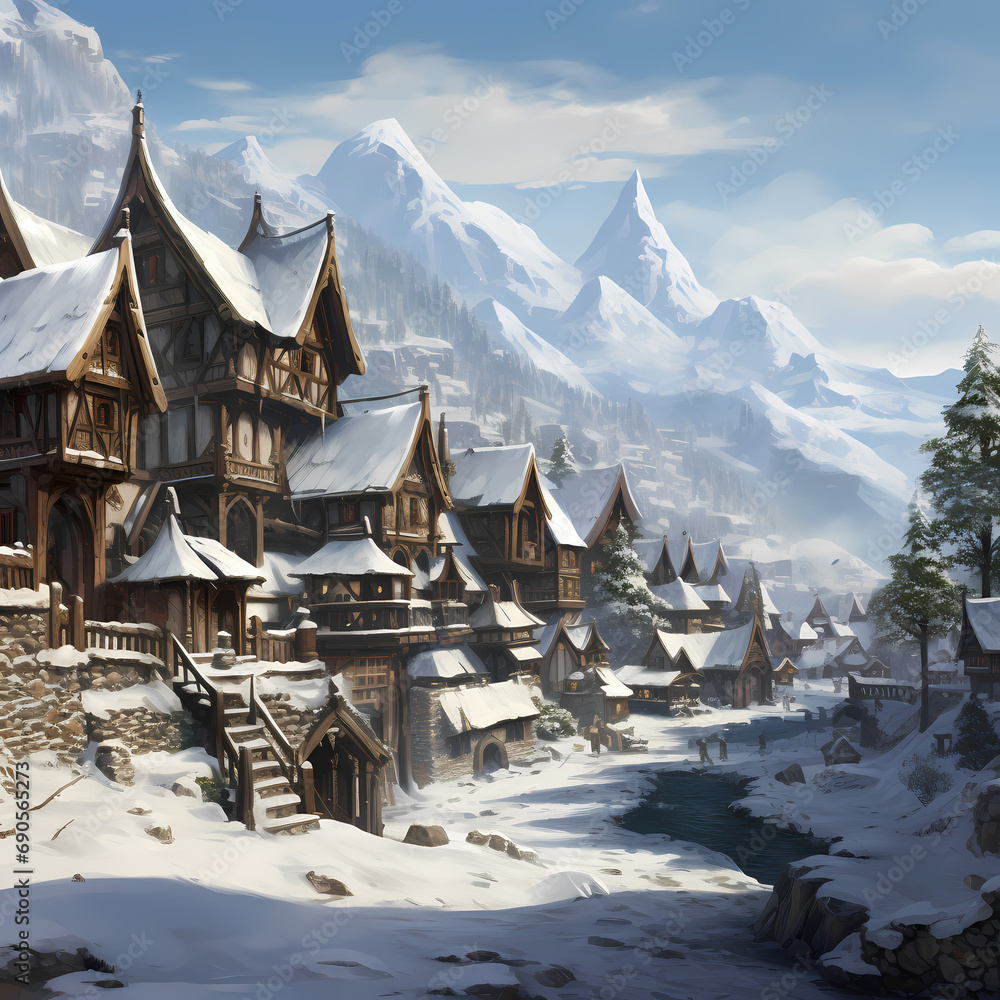 A snow-covered village at the base of mountains