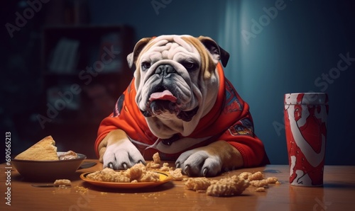 a bulldog eating food in a sweat suit  Generative AI  