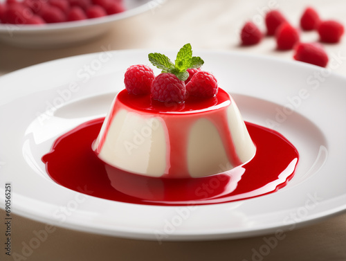 Creamy panna cotta garnished with a raspberry coulis on a clear or white background. photo