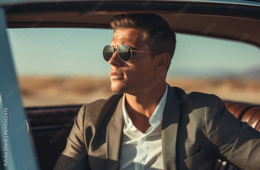 Confident man driving, wearing sunglasses, desert landscape in the background. Confident man driving, wearing sunglasses, desert landscape in the background.