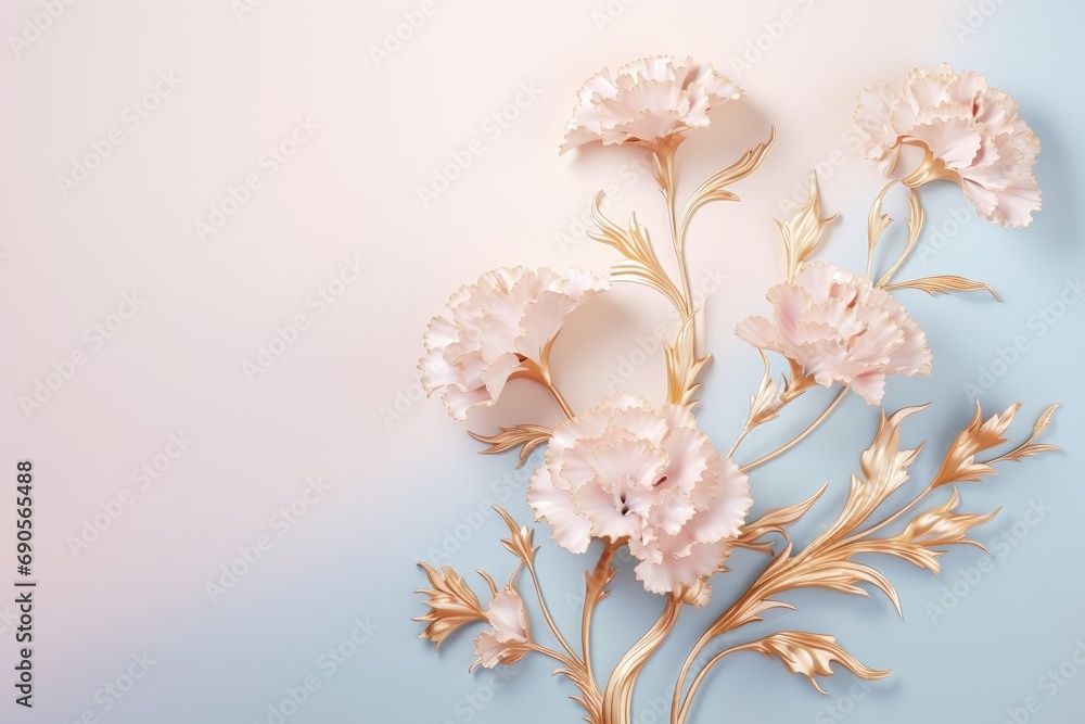 Carnation branches on elegant pastel background. Wedding invitations, greeting cards, wallpaper, background, printing, poster, social ads, banner