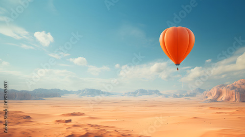 An orange balloon floats in the desert.
