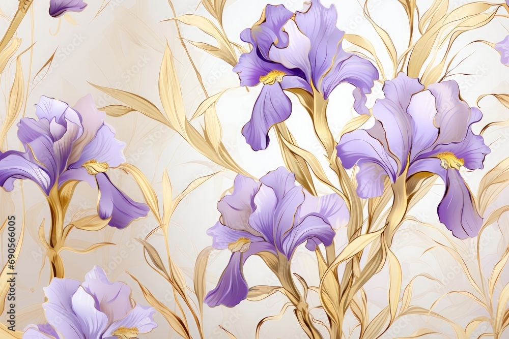 Golden iris branches on elegant pastel background. Wedding invitations, greeting cards, wallpaper, background, printing, poster, social ads, banner
