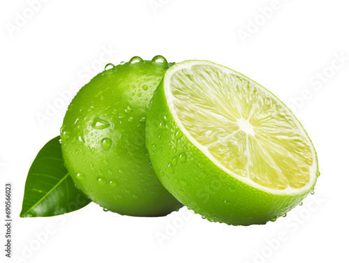Isolated on a white background, a refreshing green lime with droplets of water. © Teerasak