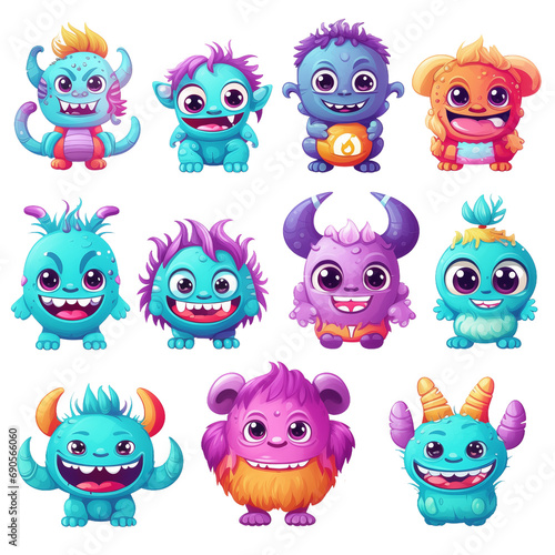 Set of cute monsters isolated on transparent background