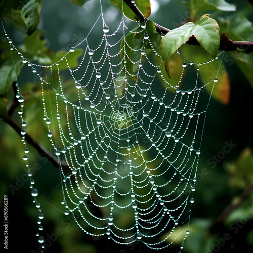 A spiderweb covered in morning dew