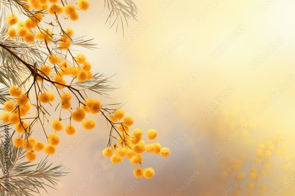 Mimosa branches on elegant pastel background. Wedding invitations, greeting cards, wallpaper, background, printing
