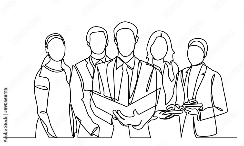 single line drawing of a group of businessmen and women standing, continuous line drawing of working people together in the office. Business team and teamwork concept. Isolated on a white background.
single line drawing of a group of businessmen and women standing, continuous line drawing of working people together in the office. Business team and teamwork concept. Isolated on a white background.
